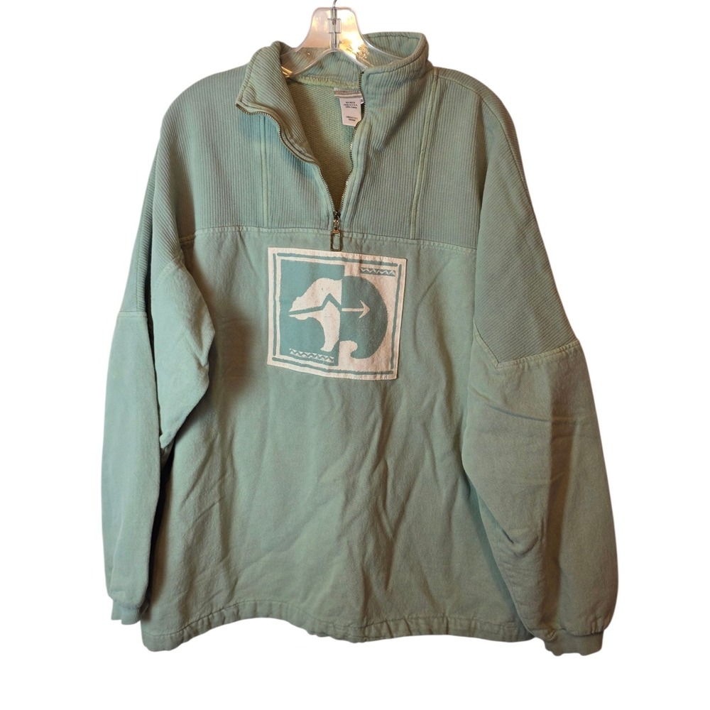 Vintage Coldwater Creek Sweater L/ XL Green Bear Coastal 90s Quarter Zip